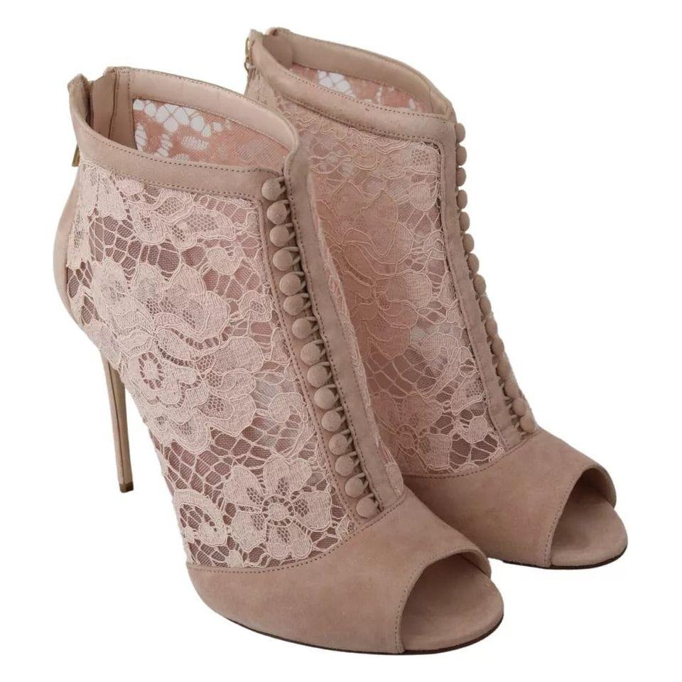 Dolce & Gabbana Beige Lace Suede Peep Toe Ankle Boots Shoes Dolce & Gabbana Rosy Brown