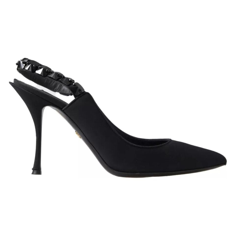 Dolce & Gabbana Black Embellished Charmeuse Slingback Heels Shoes Dolce & Gabbana Black