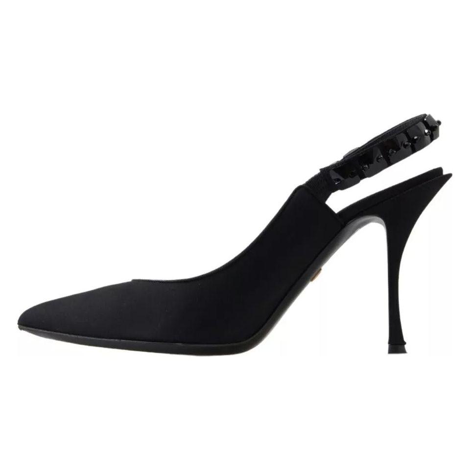 Dolce & Gabbana Black Embellished Charmeuse Slingback Heels Shoes Dolce & Gabbana Black