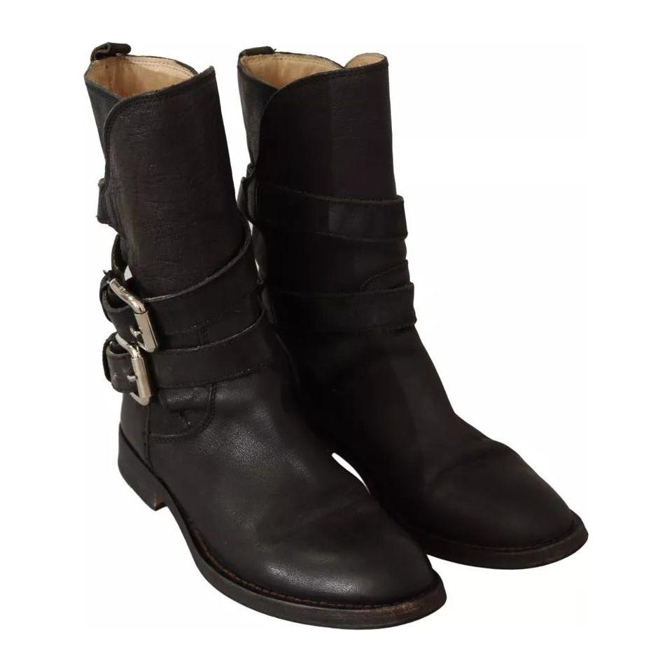 Dolce & Gabbana Black Leather Buckle Mid Calf Boots Shoes Dolce & Gabbana Black
