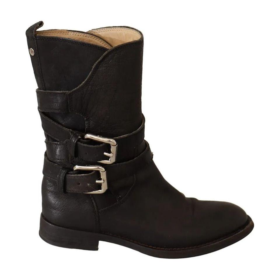 Dolce & Gabbana Black Leather Buckle Mid Calf Boots Shoes Dolce & Gabbana Black