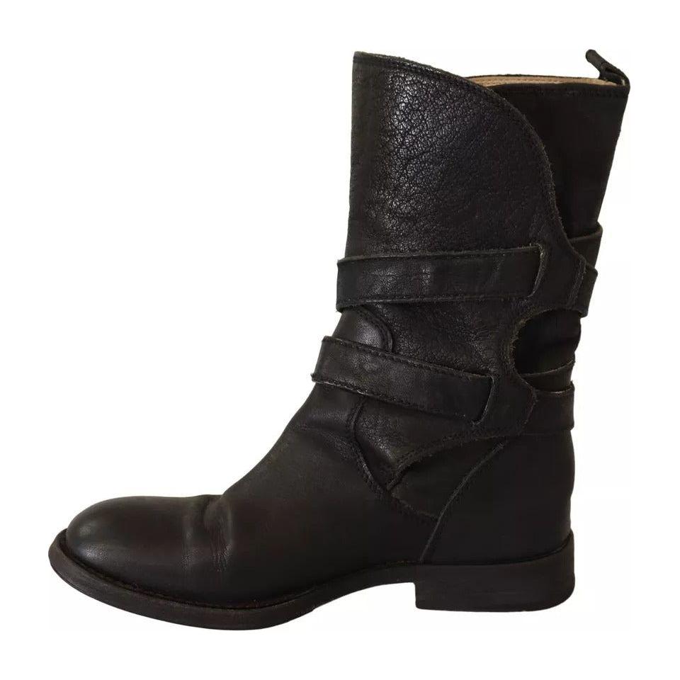 Dolce & Gabbana Black Leather Buckle Mid Calf Boots Shoes Dolce & Gabbana Black