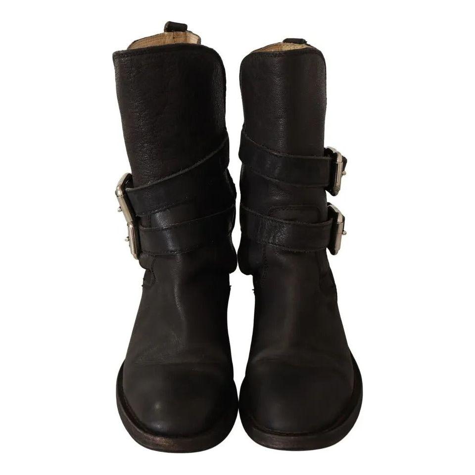 Dolce & Gabbana Black Leather Buckle Mid Calf Boots Shoes Dolce & Gabbana Black