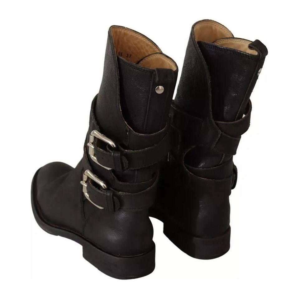 Dolce & Gabbana Black Leather Buckle Mid Calf Boots Shoes Dolce & Gabbana Black