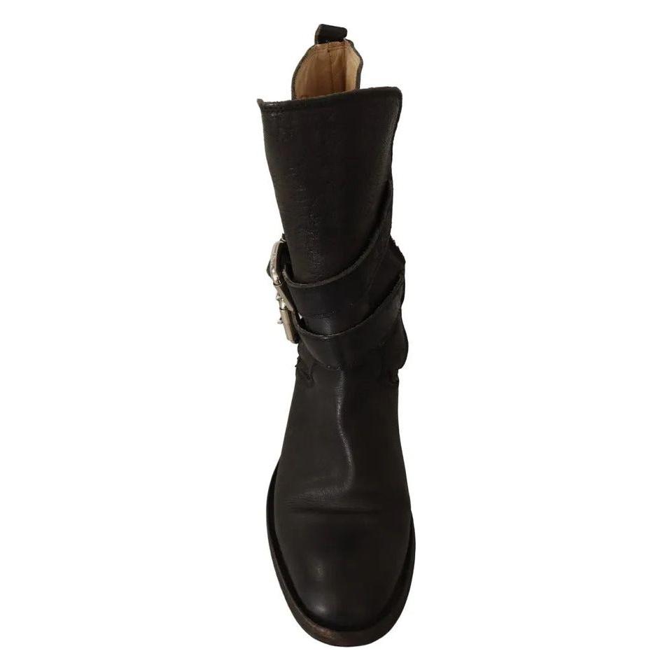 Dolce & Gabbana Black Leather Buckle Mid Calf Boots Shoes Dolce & Gabbana Black