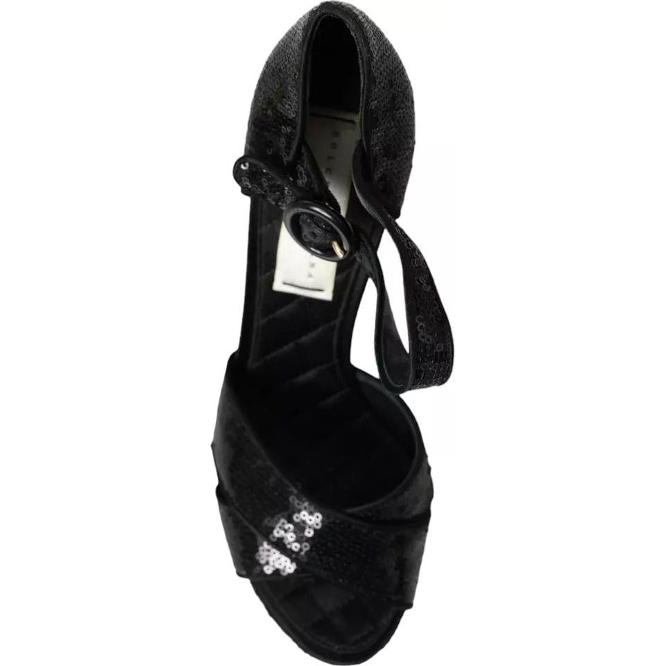 Dolce & Gabbana Black Sequin Ankle Strap Heels Sandals Shoes Dolce & Gabbana Black