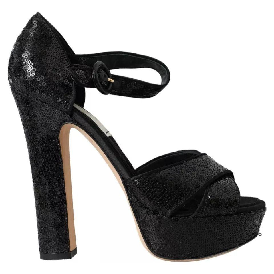 Dolce & Gabbana Black Sequin Ankle Strap Heels Sandals Shoes Dolce & Gabbana Black