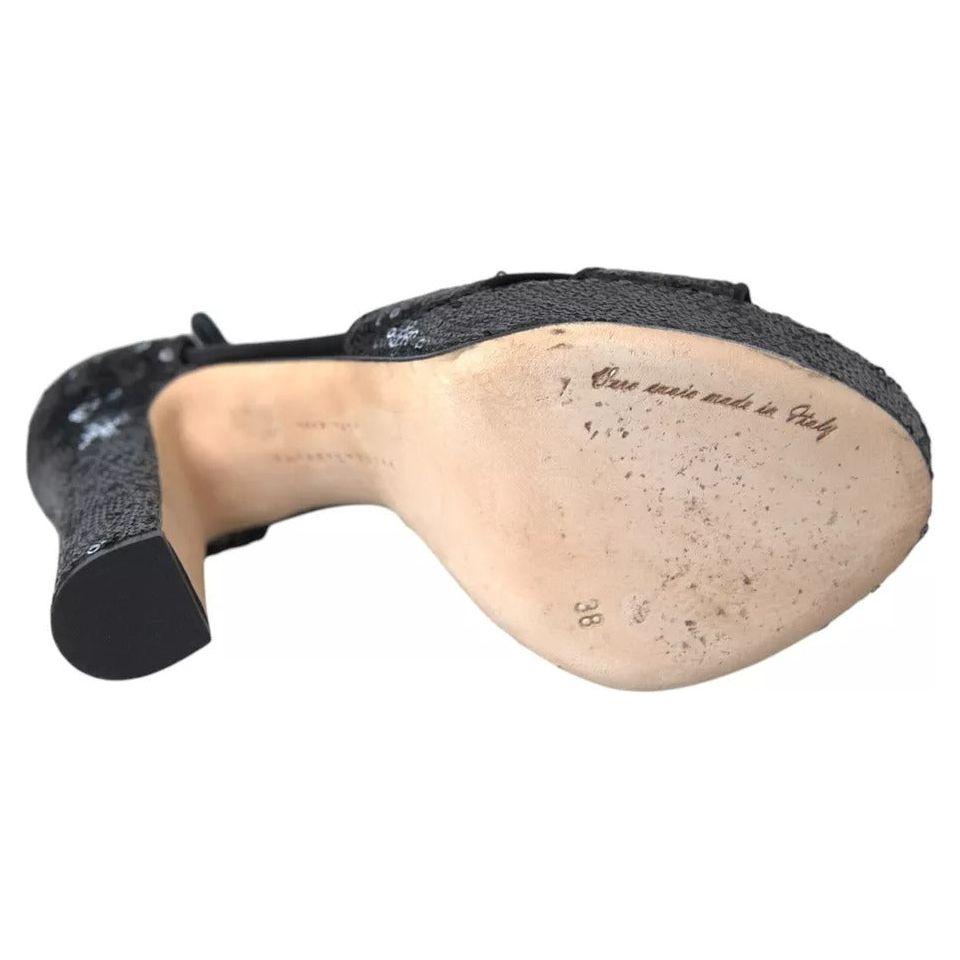 Dolce & Gabbana Black Sequin Ankle Strap Heels Sandals Shoes Dolce & Gabbana Tan