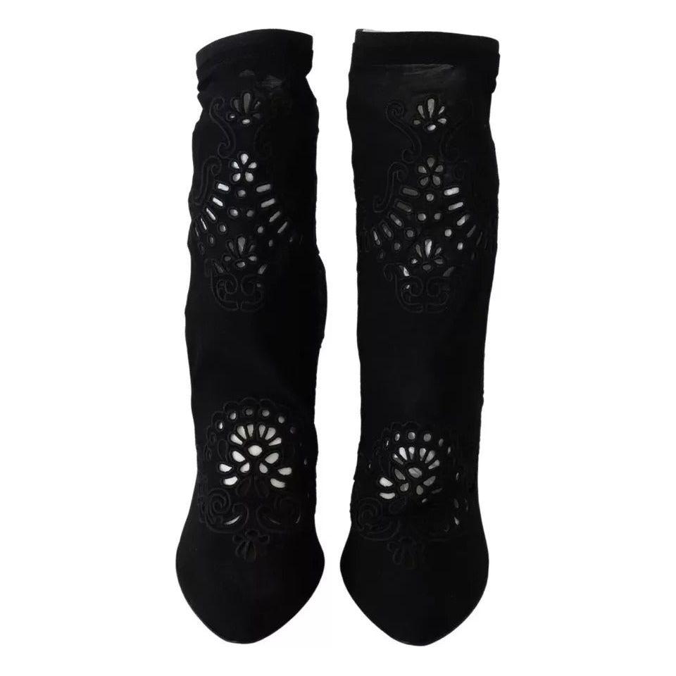Dolce & Gabbana Black Stretch Pumps Boots Floral Lace Shoes Dolce & Gabbana Black