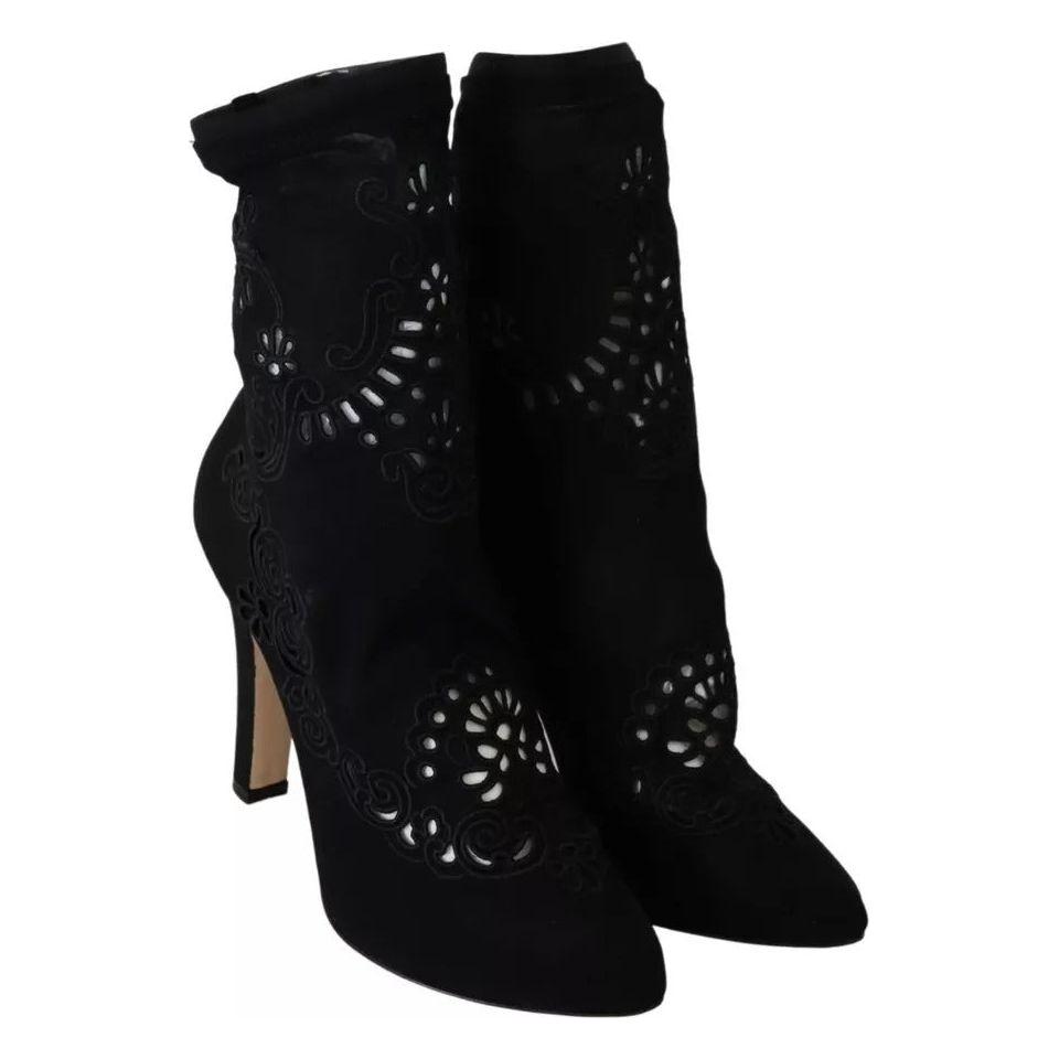Dolce & Gabbana Black Stretch Pumps Boots Floral Lace Shoes Dolce & Gabbana Black