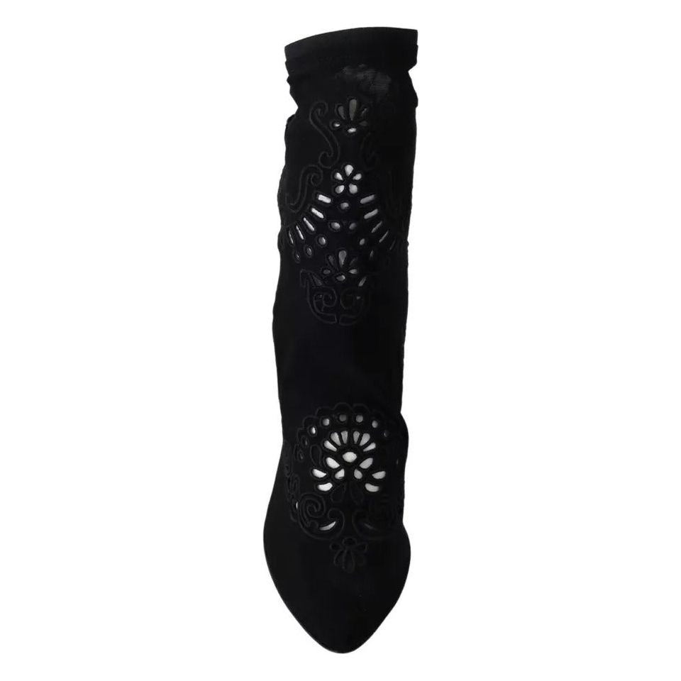 Dolce & Gabbana Black Stretch Pumps Boots Floral Lace Shoes Dolce & Gabbana Black