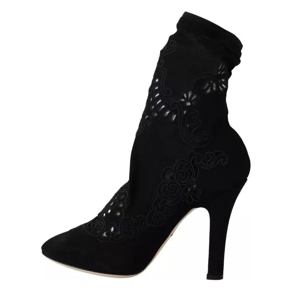 Dolce & Gabbana Black Stretch Pumps Boots Floral Lace Shoes Dolce & Gabbana Black