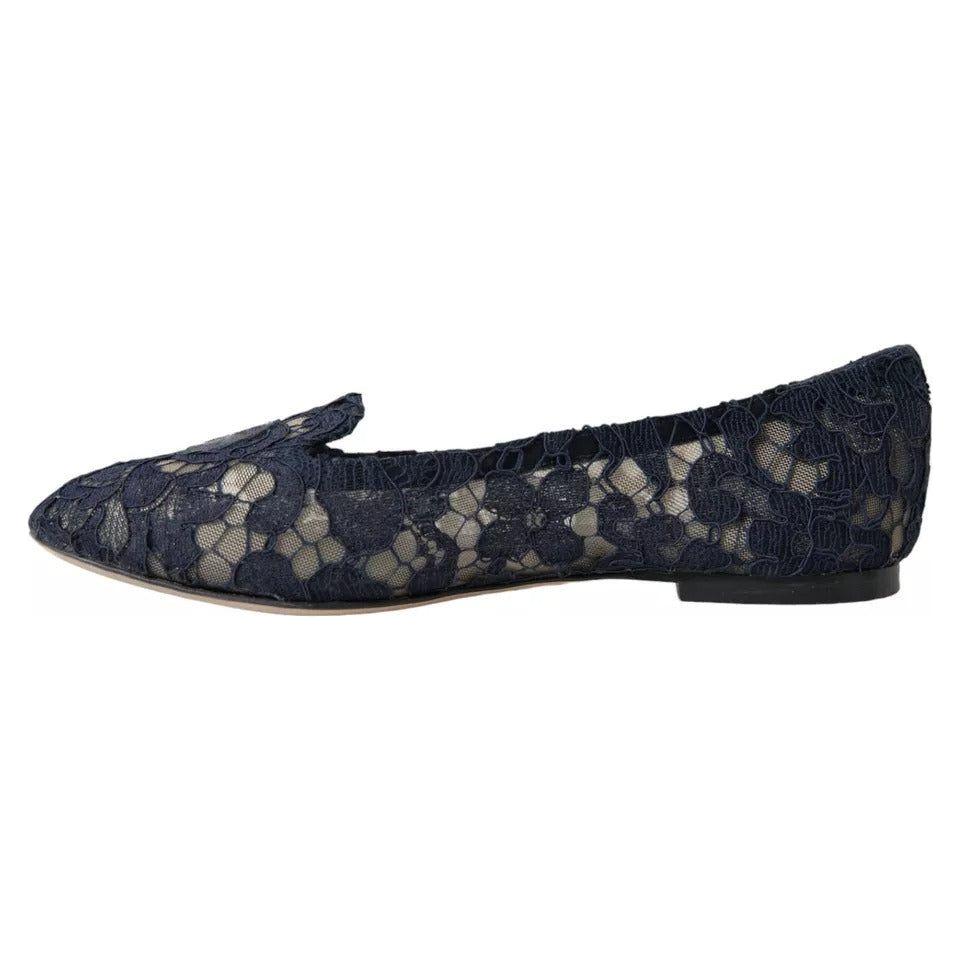 Dolce & Gabbana Dark Blue Taormina Lace Slip On Flats Shoes Dolce & Gabbana Dark Slate Gray