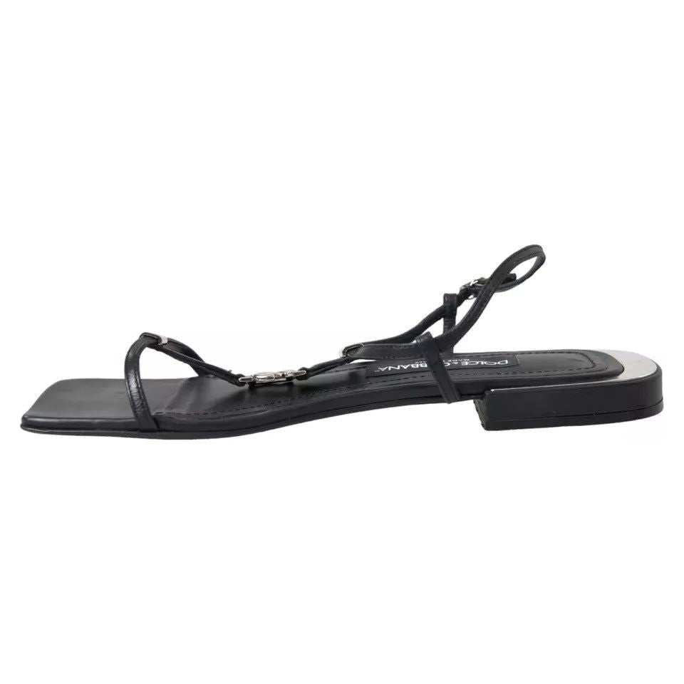 Dolce & Gabbana Black Leather DG Logo Flats Sandals Shoes Dolce & Gabbana Dark Slate Gray
