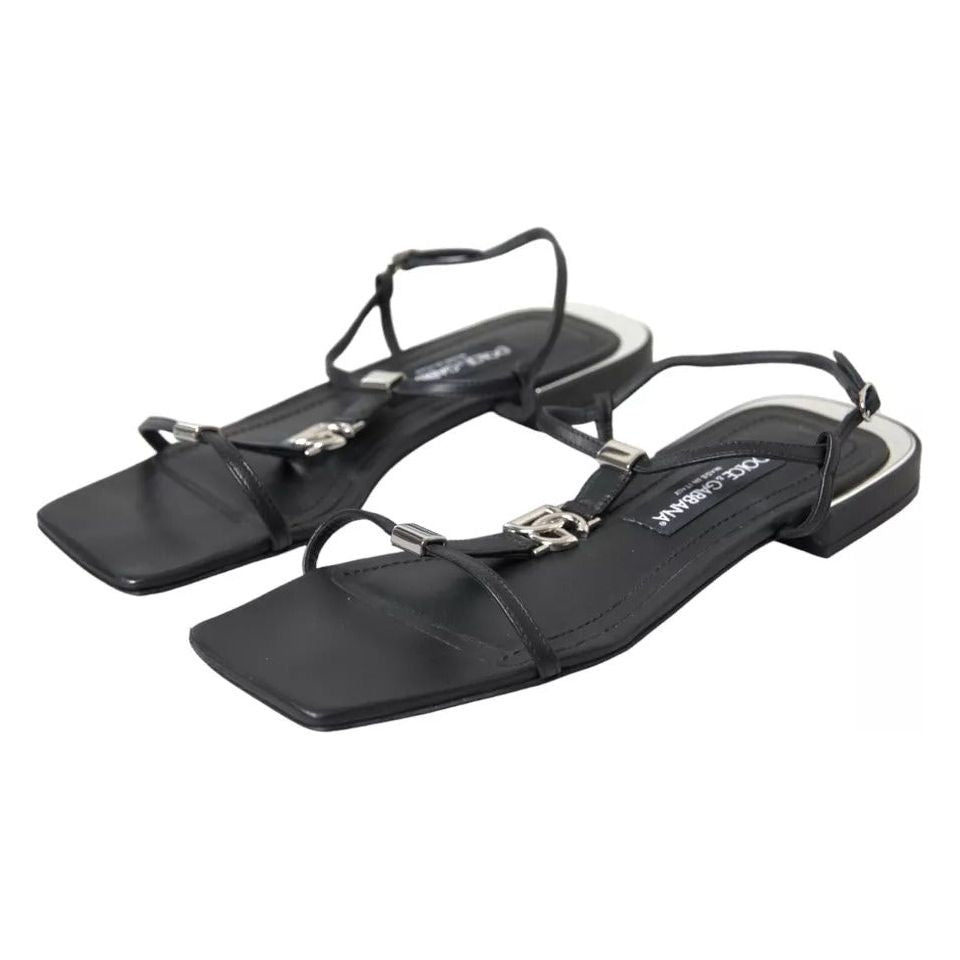 Dolce & Gabbana Black Leather DG Logo Flats Sandals Shoes Dolce & Gabbana Dark Slate Gray
