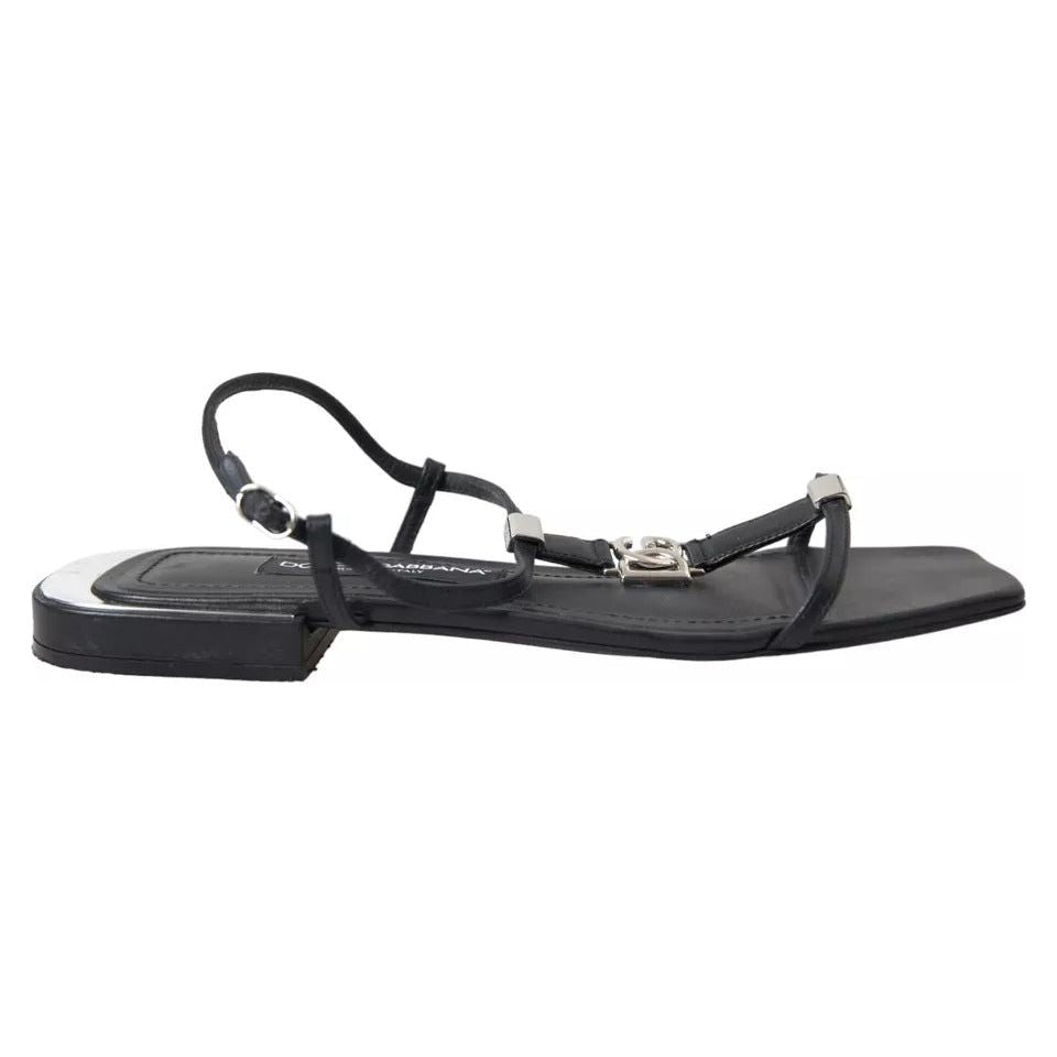 Dolce & Gabbana Black Leather DG Logo Flats Sandals Shoes Dolce & Gabbana Dark Slate Gray
