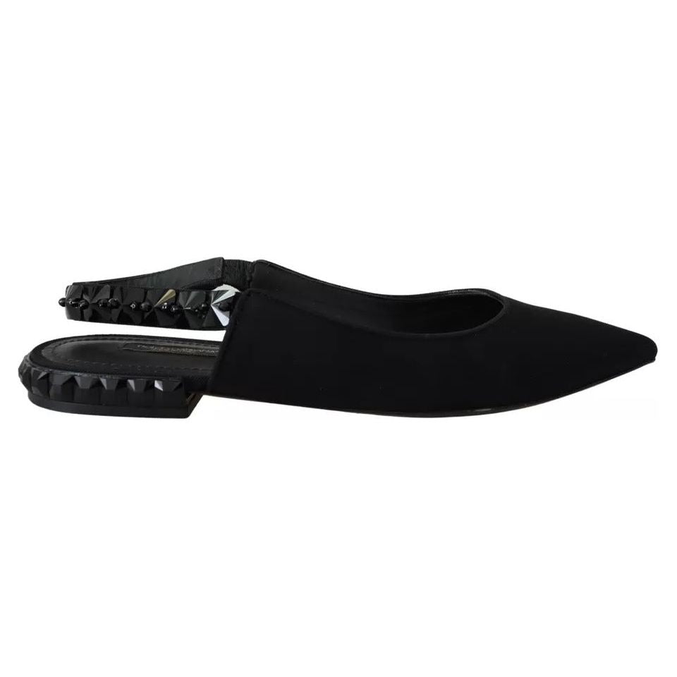 Dolce & Gabbana Black Flats Crystal Slingback Charmeuse Shoes Dolce & Gabbana Black