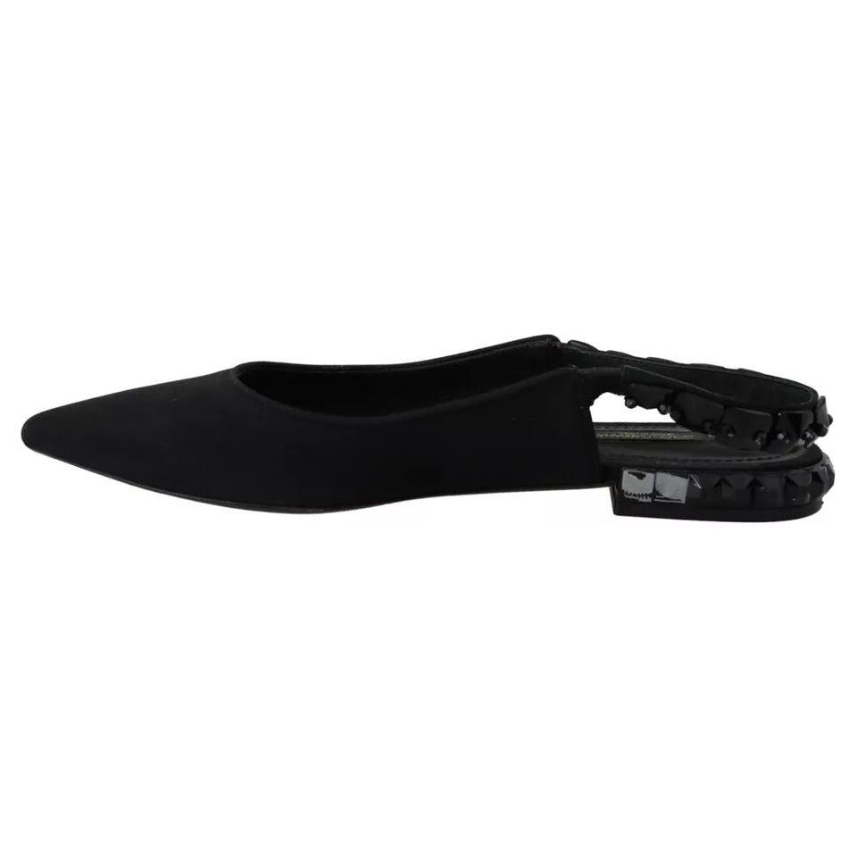 Dolce & Gabbana Black Flats Crystal Slingback Charmeuse Shoes Dolce & Gabbana Black