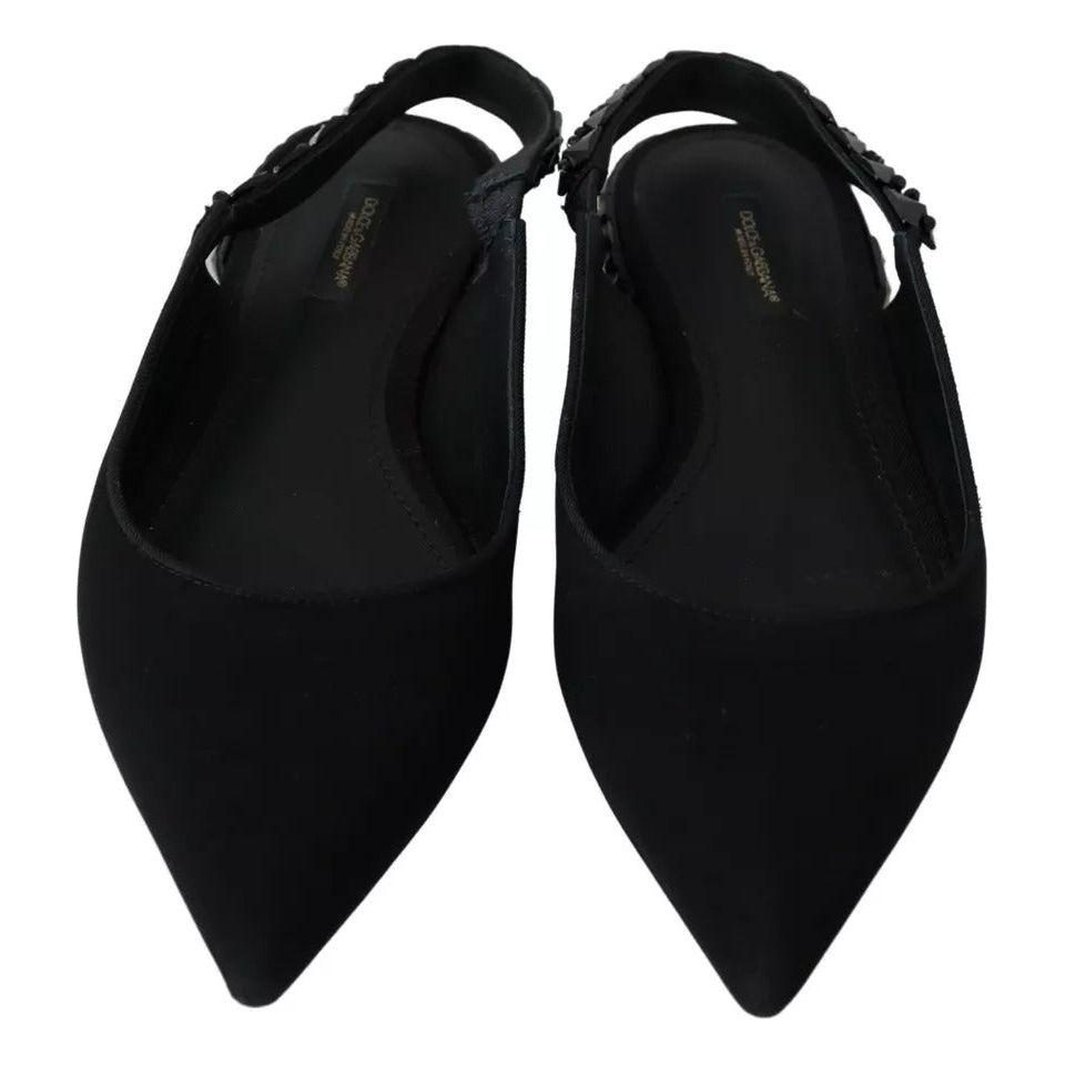 Dolce & Gabbana Black Flats Crystal Slingback Charmeuse Shoes Dolce & Gabbana Black