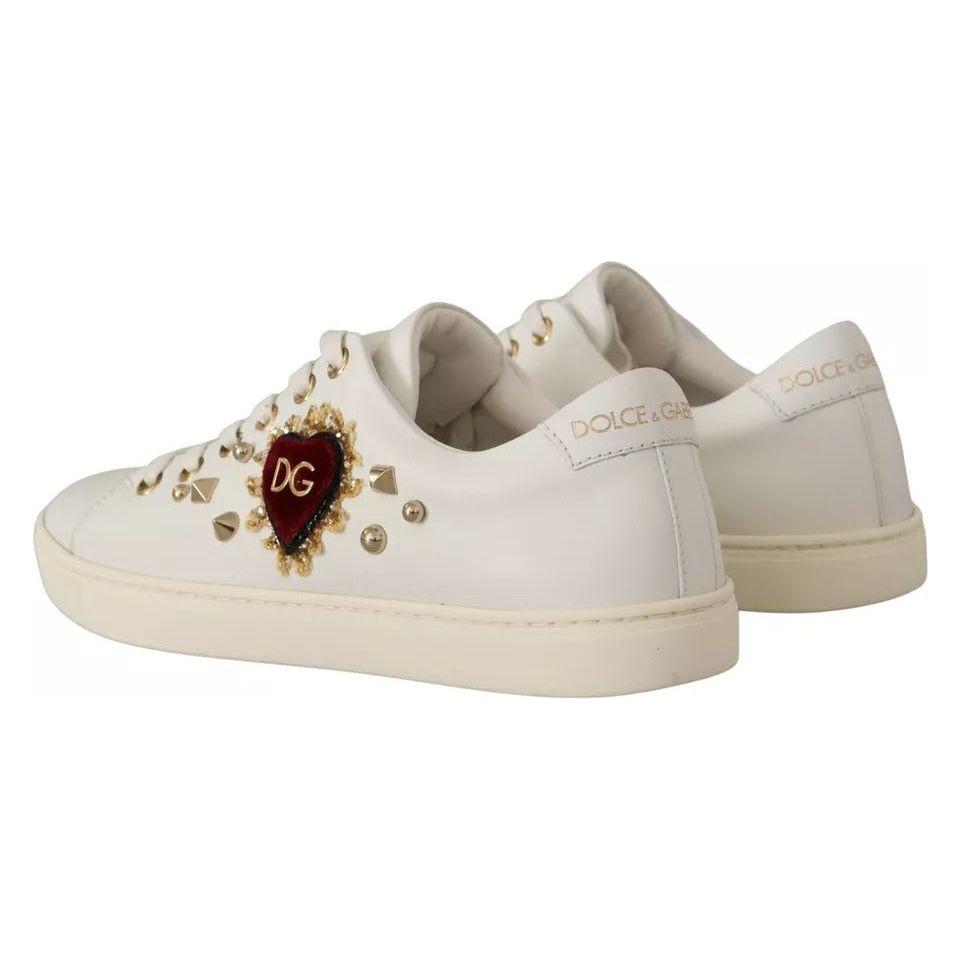 Dolce & Gabbana White Leather Gold Red Heart Sneakers Shoes Dolce & Gabbana Gray