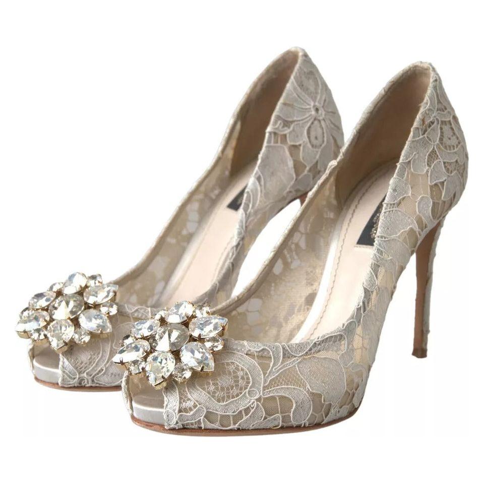Dolce & Gabbana White Taormina Lace Crystal Heels Pumps Shoes Dolce & Gabbana Rosy Brown