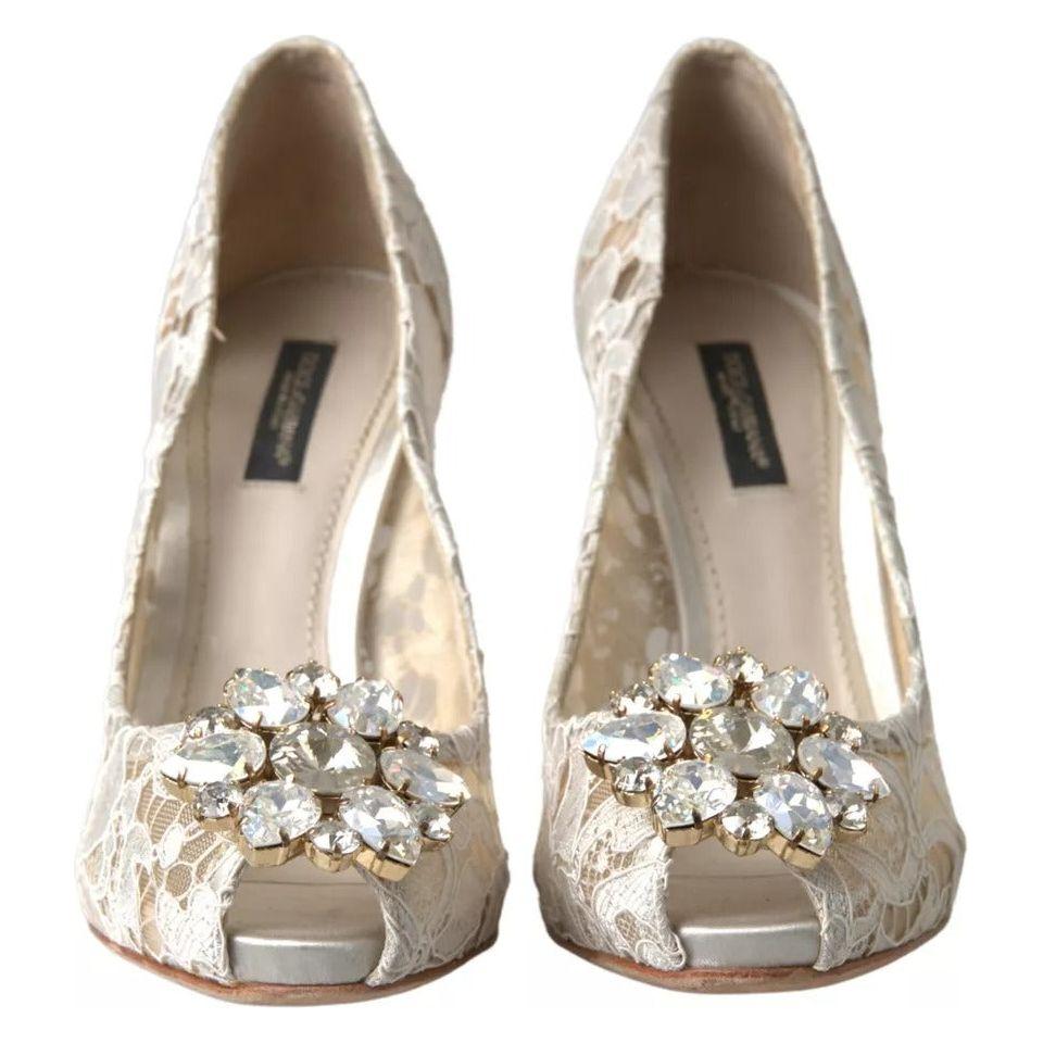 Dolce & Gabbana White Taormina Lace Crystal Heels Pumps Shoes Dolce & Gabbana Rosy Brown