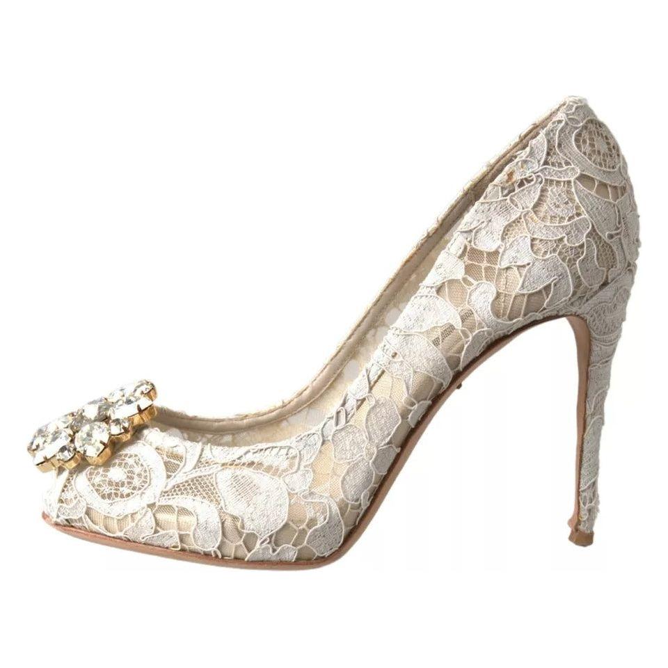 Dolce & Gabbana White Taormina Lace Crystal Heels Pumps Shoes Dolce & Gabbana Light Gray