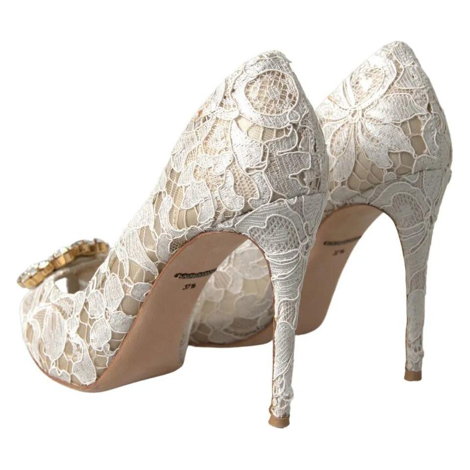 Dolce & Gabbana White Taormina Lace Crystal Heels Pumps Shoes Dolce & Gabbana Rosy Brown