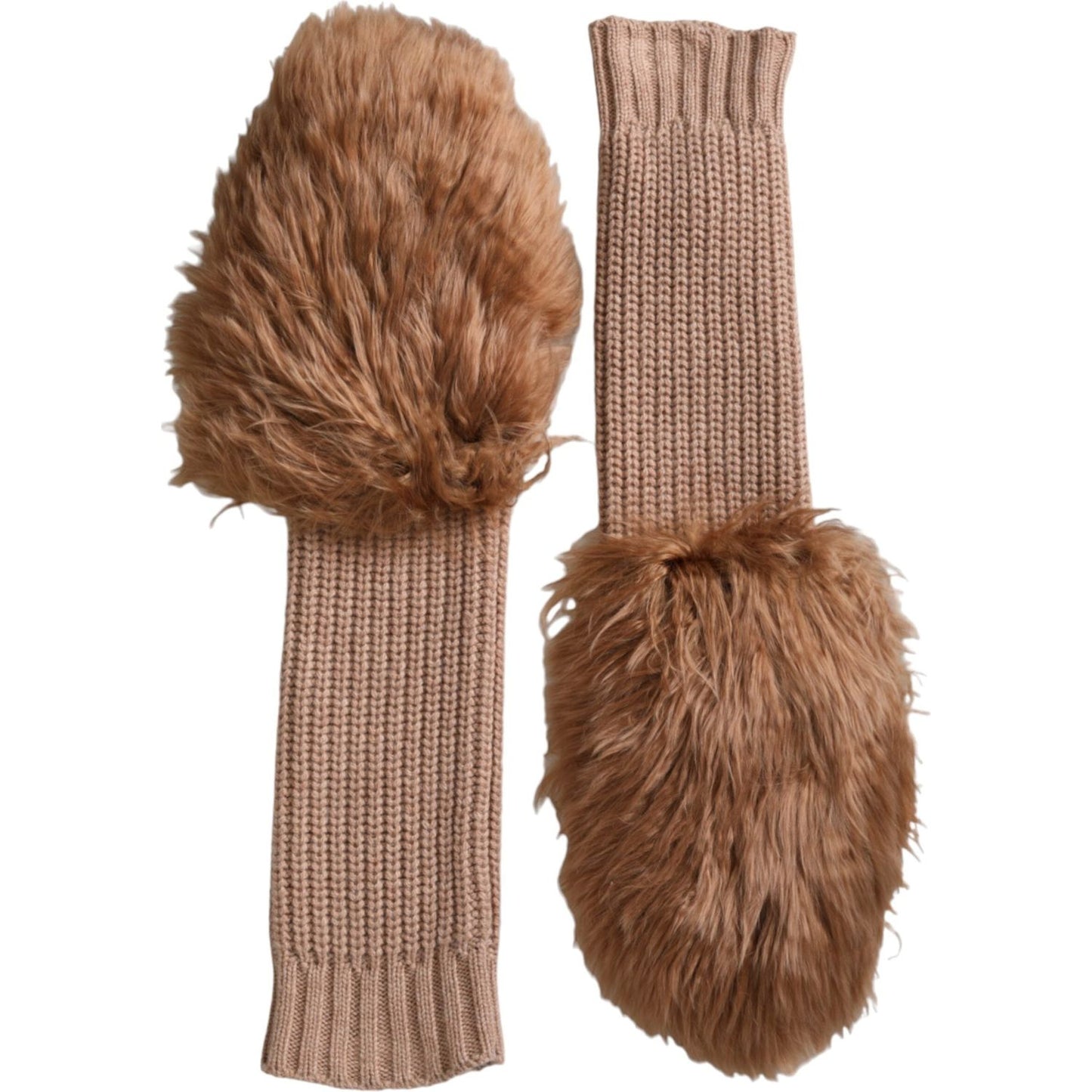 Dolce & Gabbana Brown Cashmere Knitted Fur Mid Arm Mitten Gloves Dolce & Gabbana Sienna