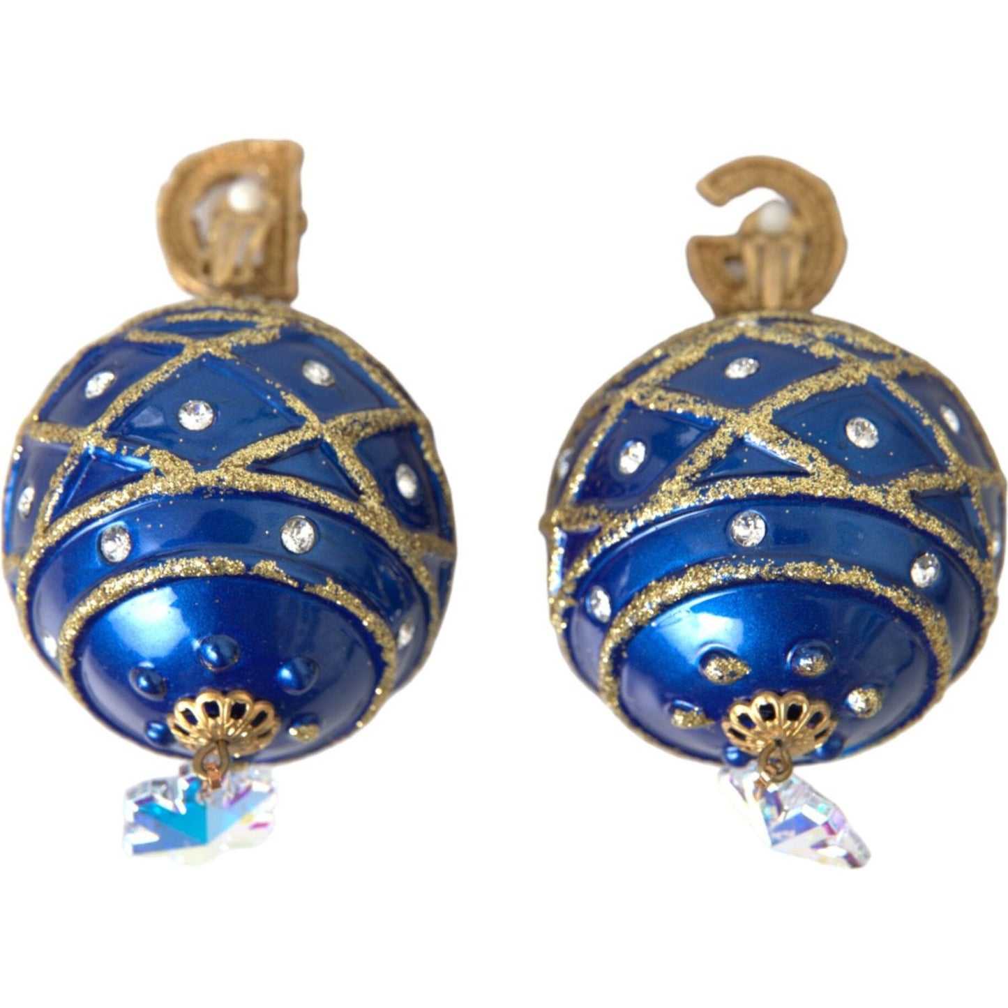Dolce & Gabbana Gold Brass Blue Dangle Christmas Ball Crystal Clip On Earrings Earrings Dolce & Gabbana Dark Slate Blue
