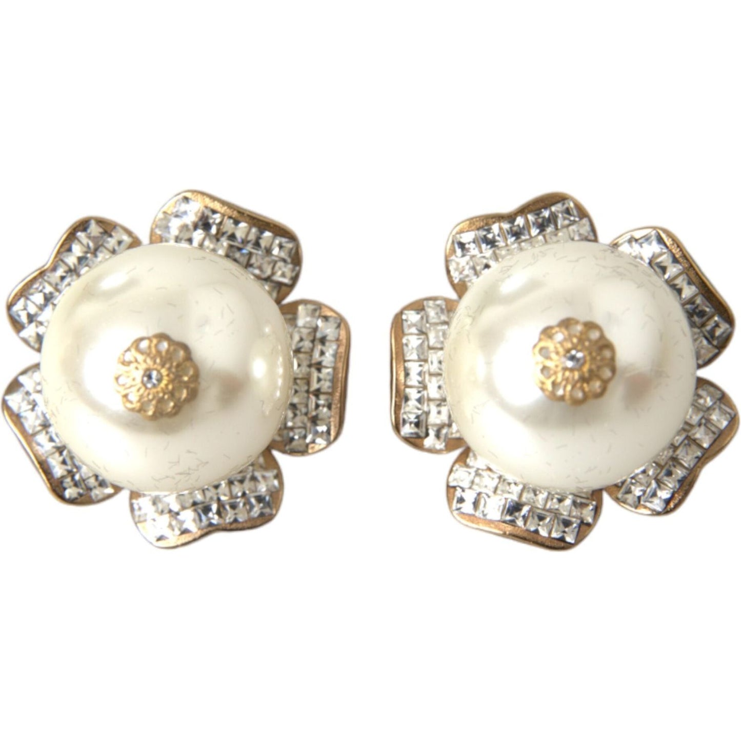Dolce & Gabbana Gold Tone Maxi Faux Pearl Floral Clip-on Jewelry Earrings Earrings Dolce & Gabbana Light Gray