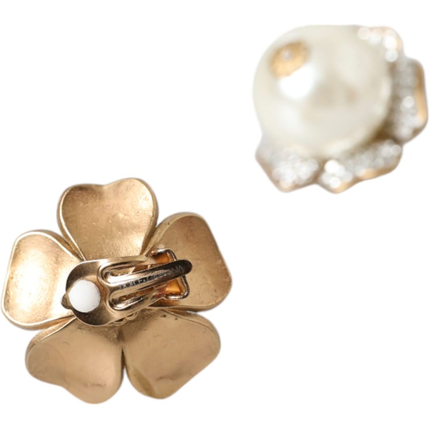 Dolce & Gabbana Gold Tone Maxi Faux Pearl Floral Clip-on Jewelry Earrings Earrings Dolce & Gabbana Light Gray