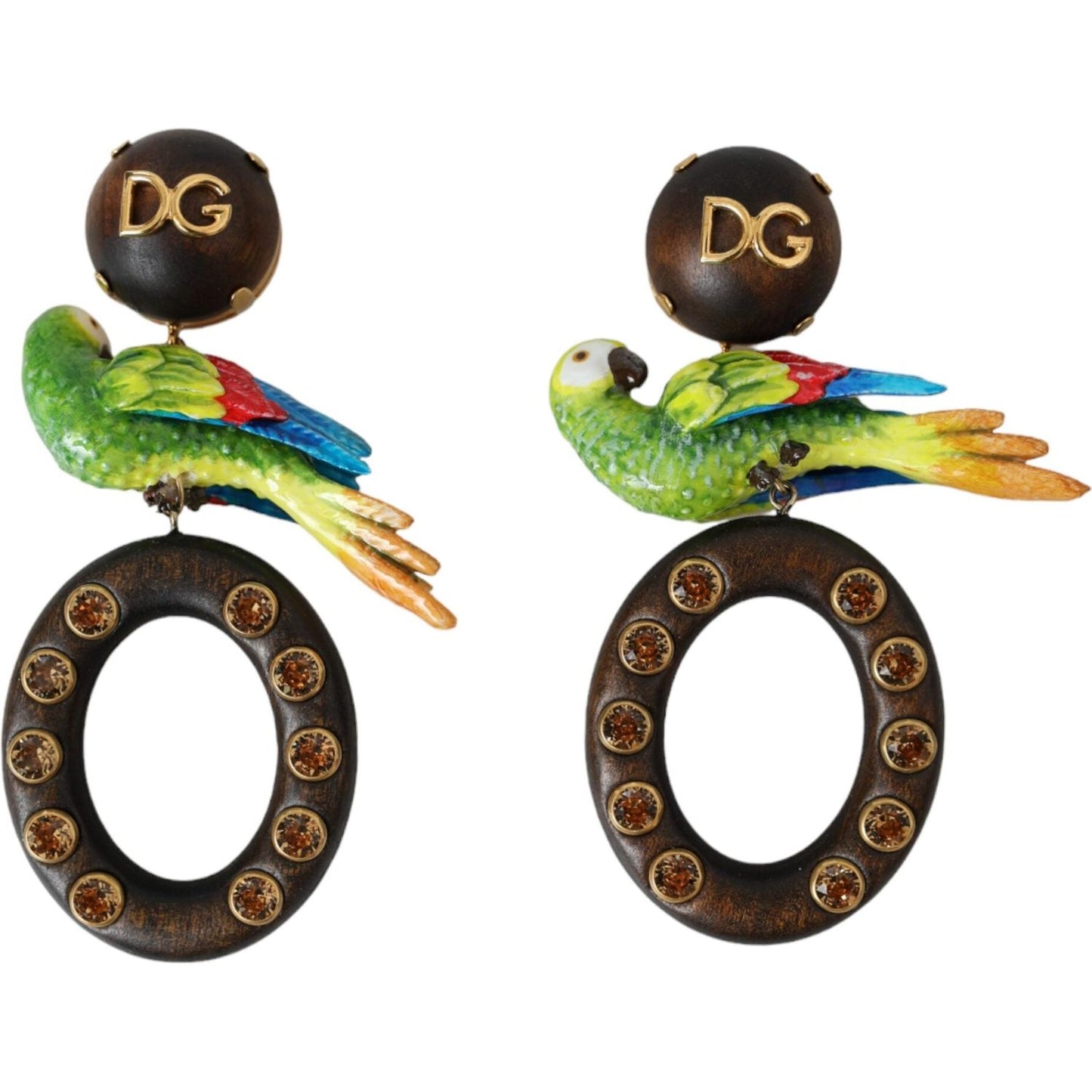 Dolce & Gabbana Multicolor Parrot Wood Brass Crystal Embellished Earrings Earrings Dolce & Gabbana Dark Slate Gray