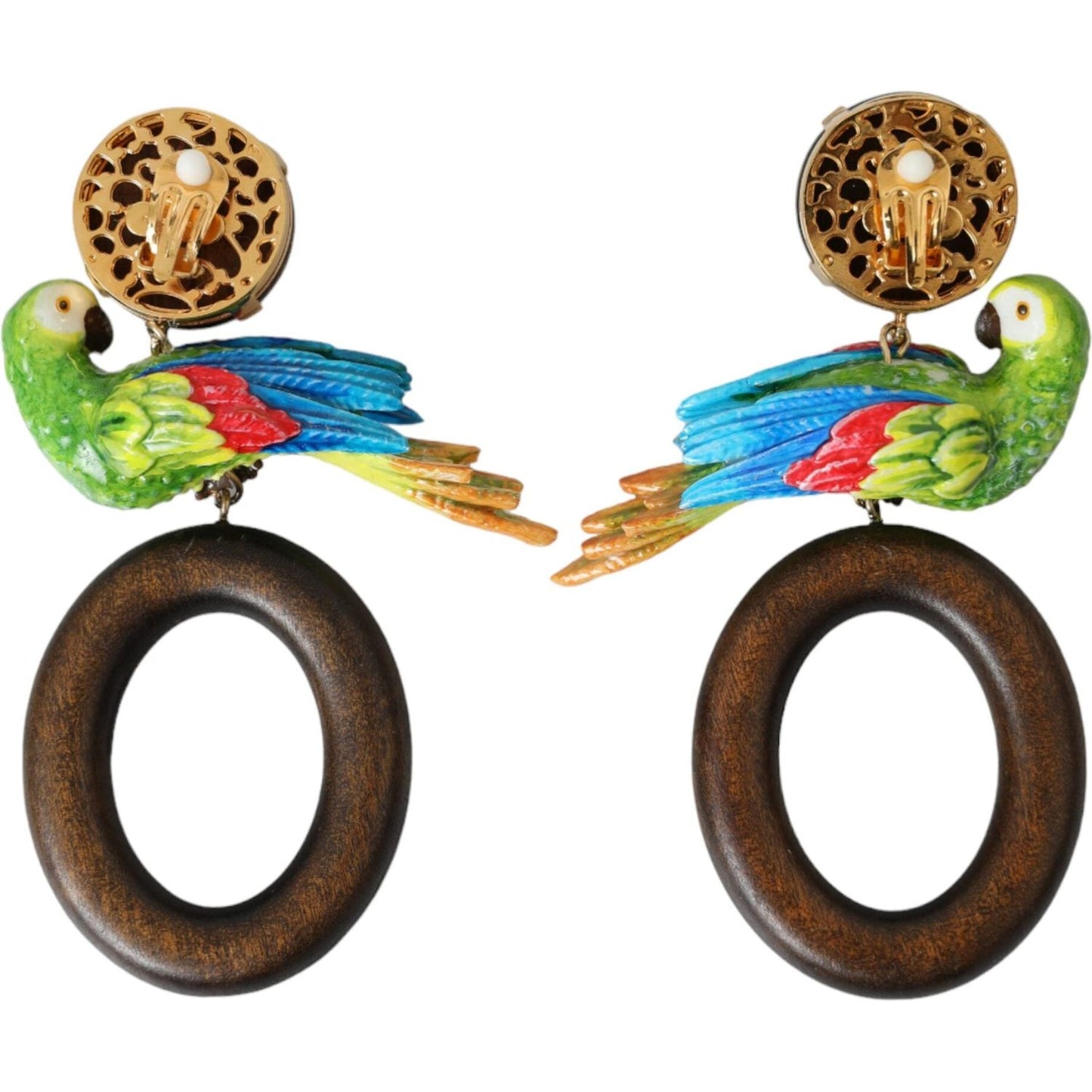 Dolce & Gabbana Multicolor Parrot Wood Brass Crystal Embellished Earrings Earrings Dolce & Gabbana Dark Slate Gray
