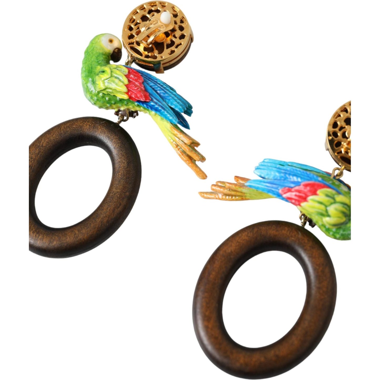 Dolce & Gabbana Multicolor Parrot Wood Brass Crystal Embellished Earrings Earrings Dolce & Gabbana Dark Slate Gray