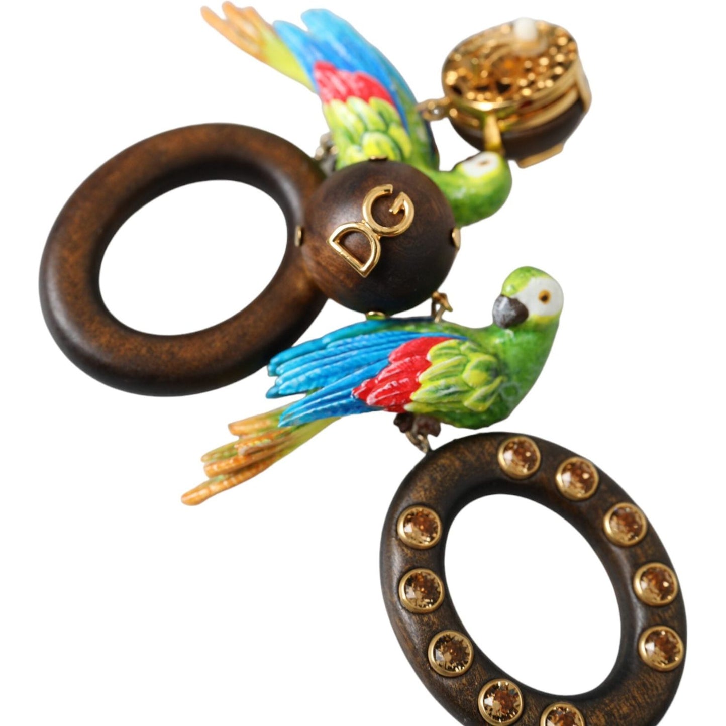 Dolce & Gabbana Multicolor Parrot Wood Brass Crystal Embellished Earrings Earrings Dolce & Gabbana Dark Olive Green