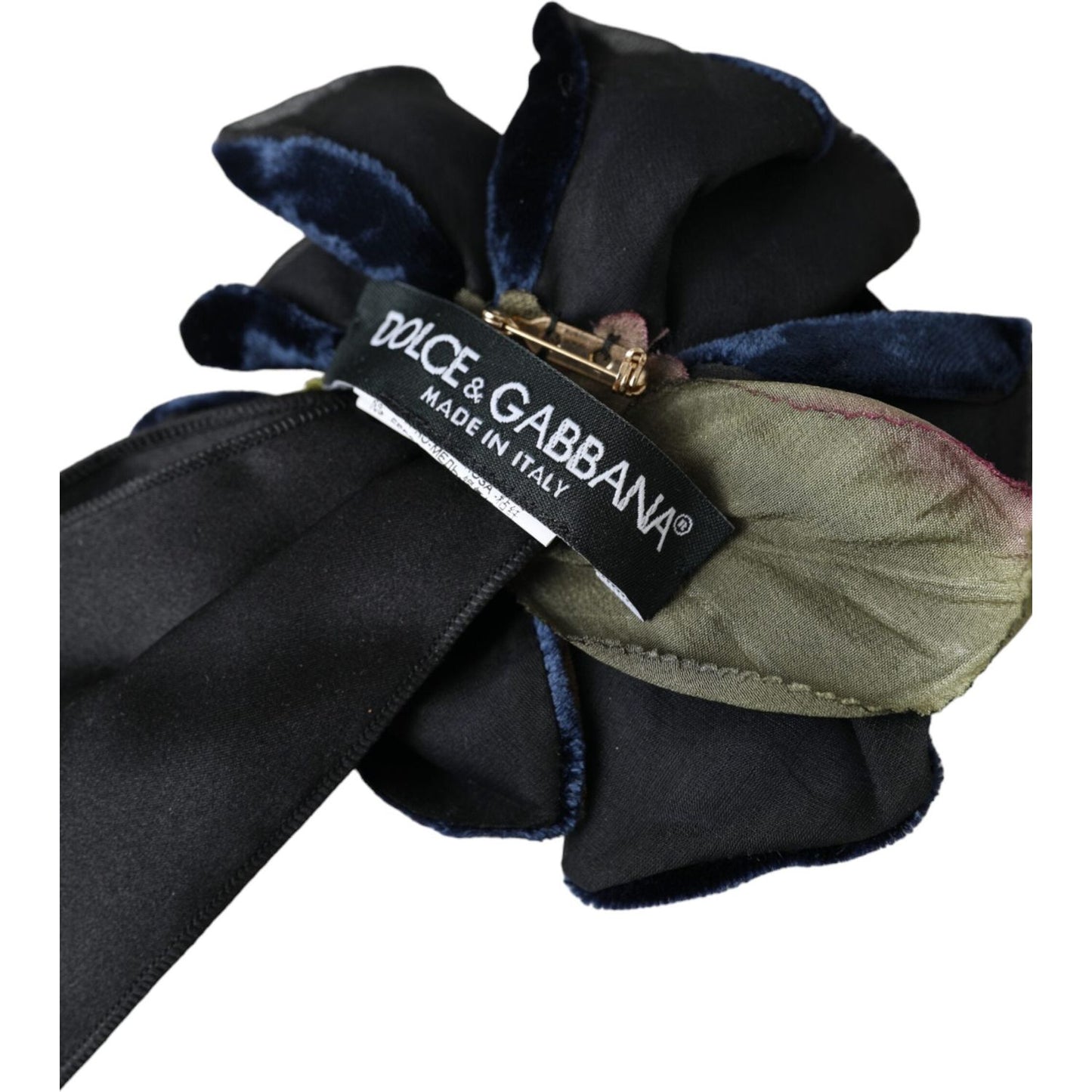 Dolce & Gabbana Black Silk Gold Brass Floral Hair Pin Brooch Brooch Dolce & Gabbana Black