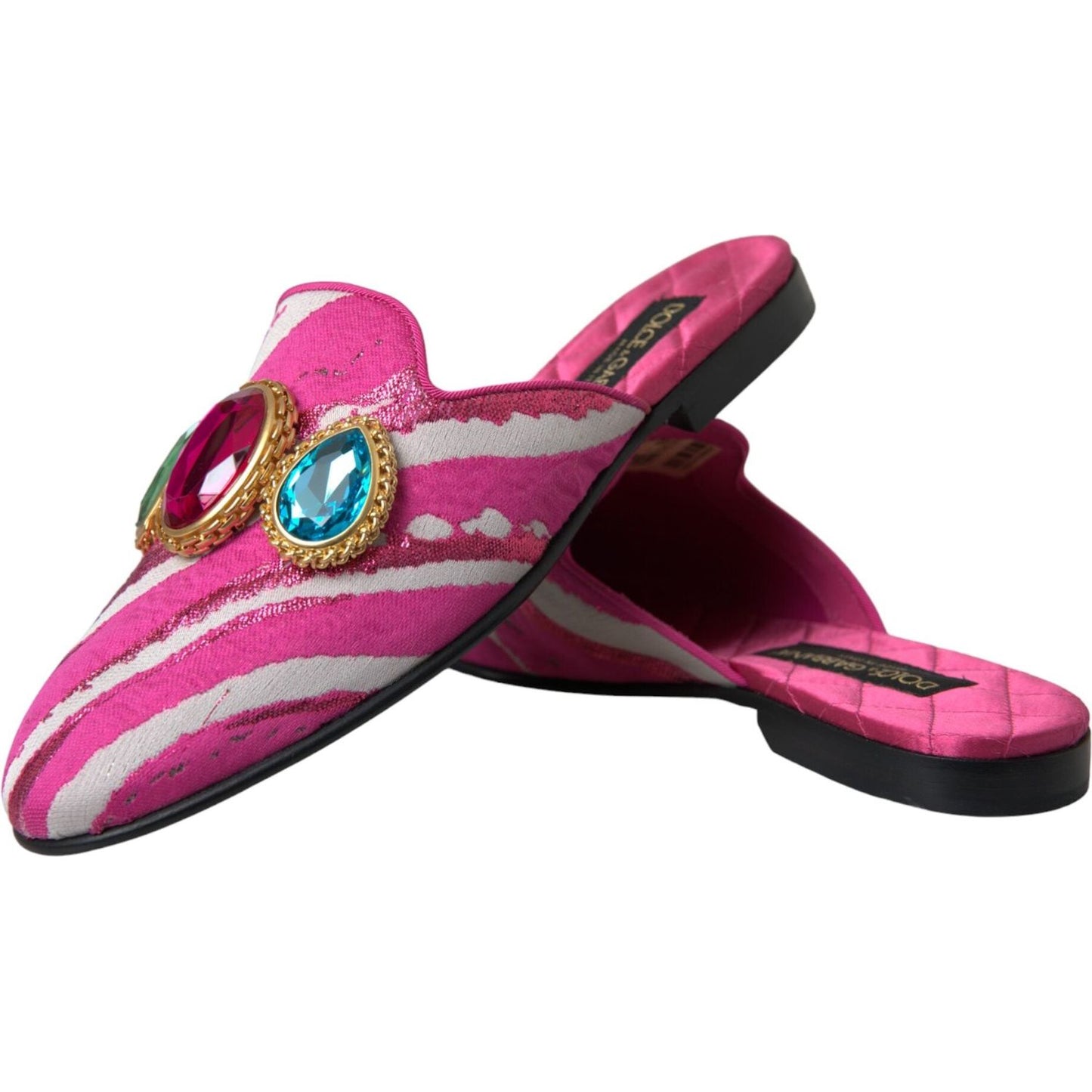 Dolce & Gabbana Pink Jacquard Crystal Mule Flat Sandals Shoes Dolce & Gabbana Maroon