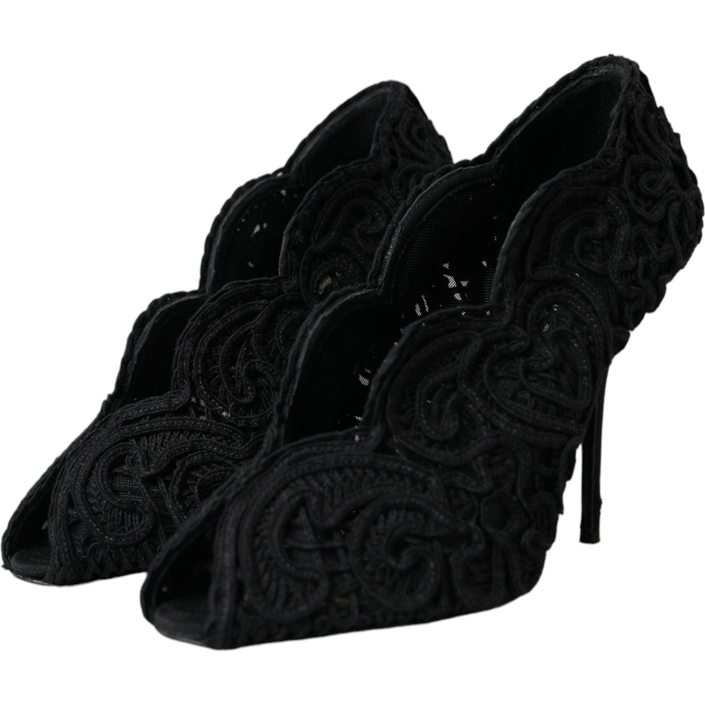 Dolce & Gabbana Black Cordonetto Ricamo Pump Open Toe Shoes Dolce & Gabbana Black