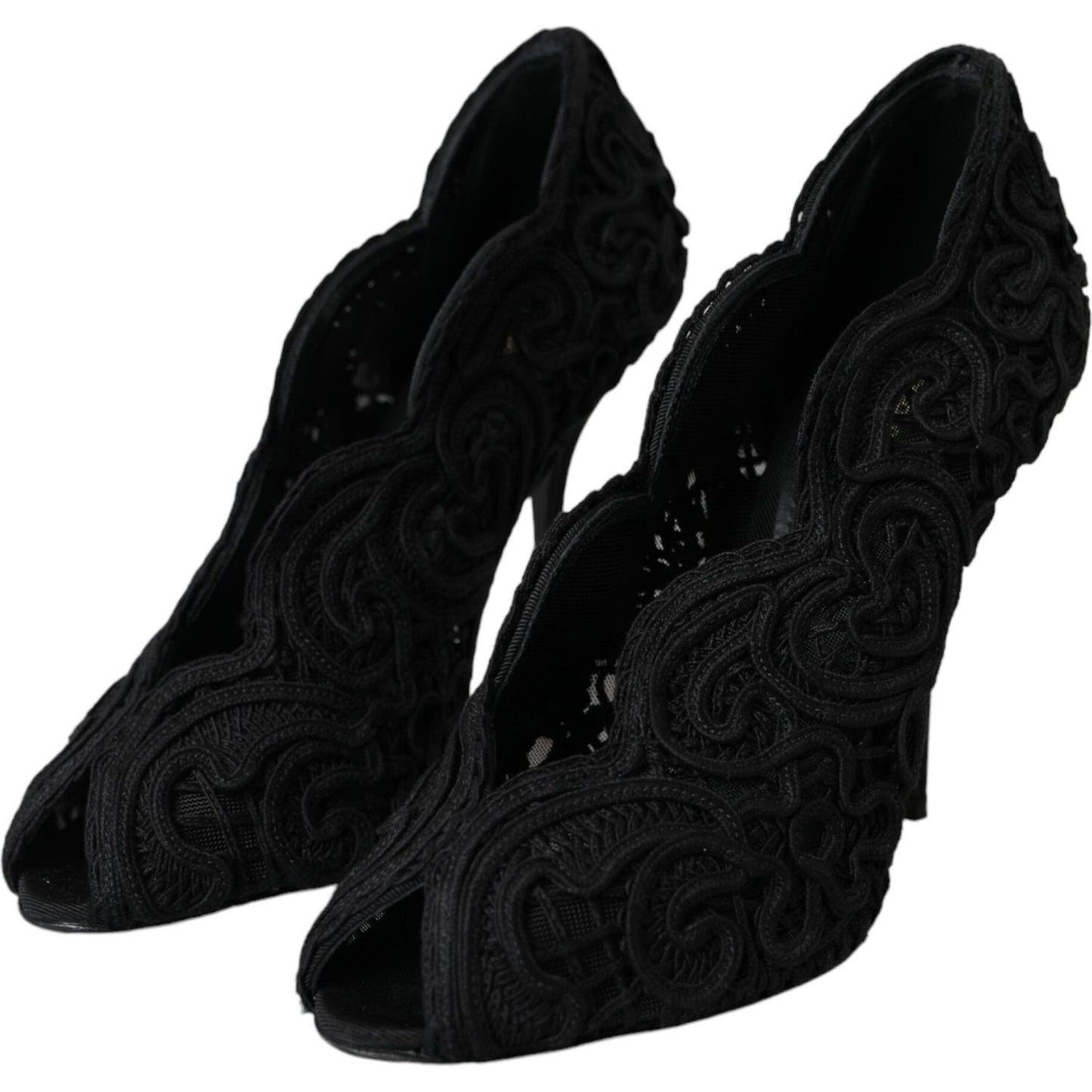 Dolce & Gabbana Black Cordonetto Ricamo Pump Open Toe Shoes Dolce & Gabbana Black