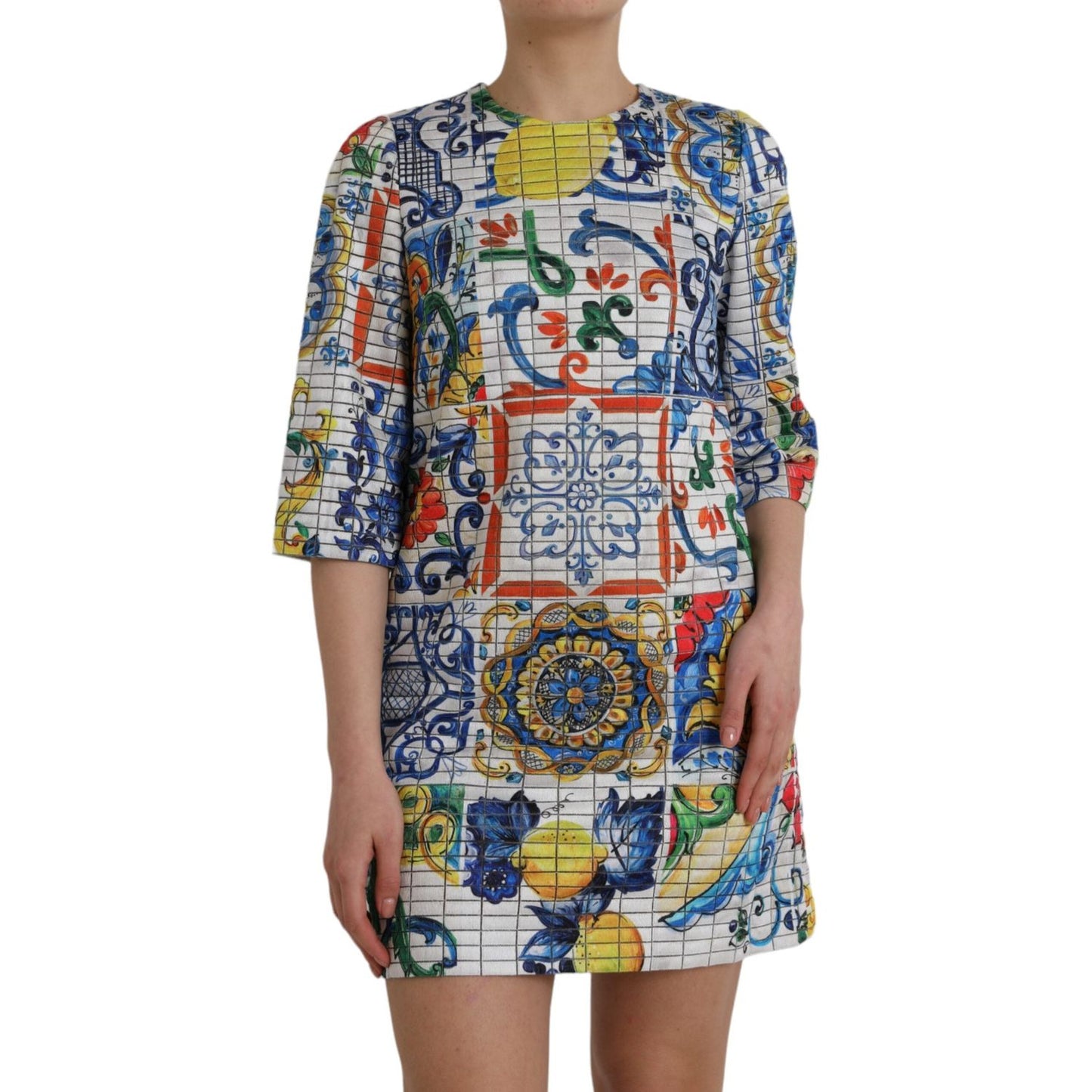 Dolce & Gabbana Multicolor Majolica 3/4 Sleeves Shift Dress Dolce & Gabbana Slate Gray