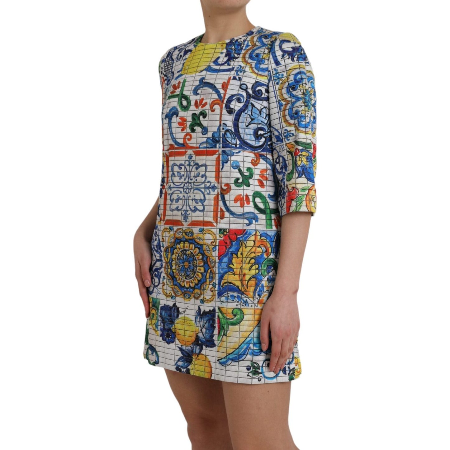 Dolce & Gabbana Multicolor Majolica 3/4 Sleeves Shift Dress Dolce & Gabbana Dim Gray
