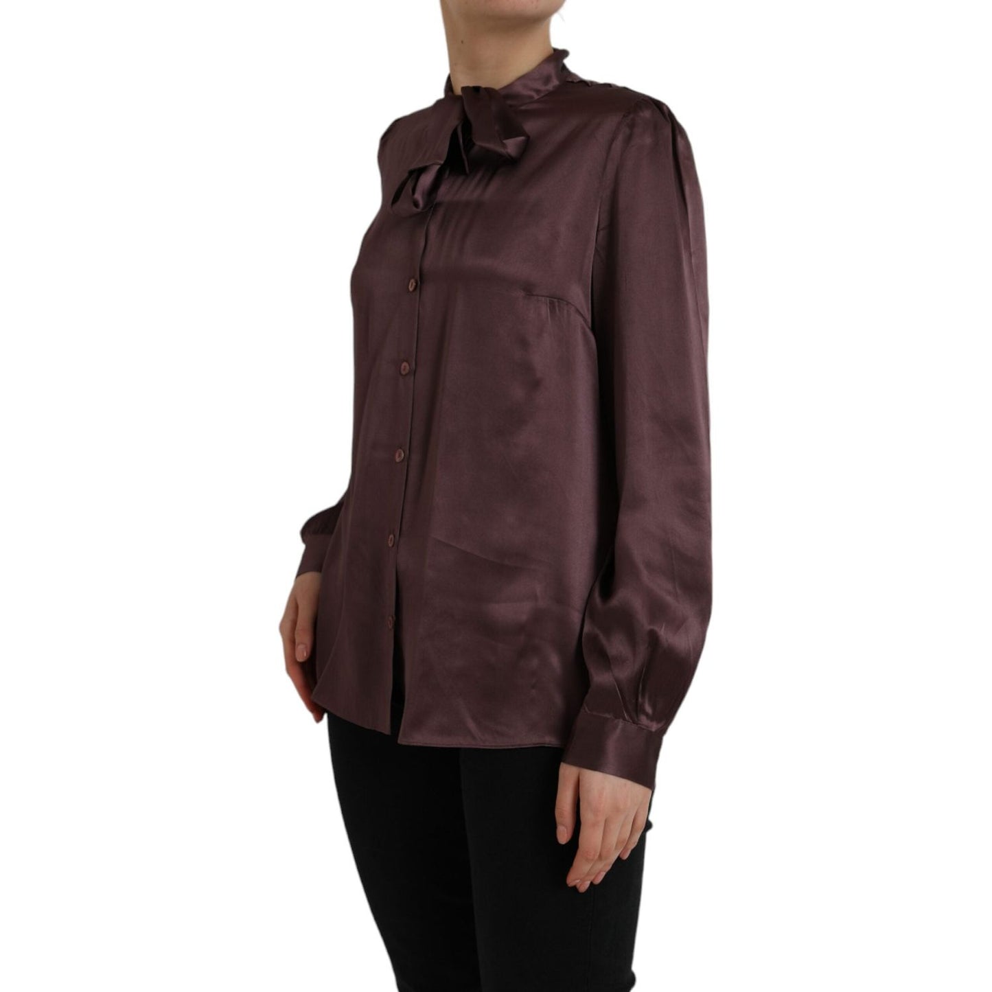 Dolce & Gabbana Brown Ascot Collar Long Sleeve Top Blouse Dolce & Gabbana Dark Slate Gray