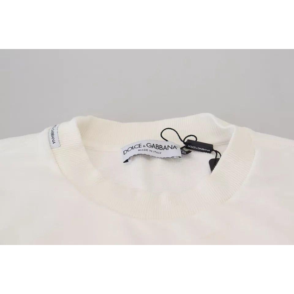 Dolce & Gabbana White Logo Cotton Crew Neck Pullover Sweater Dolce & Gabbana Light Gray
