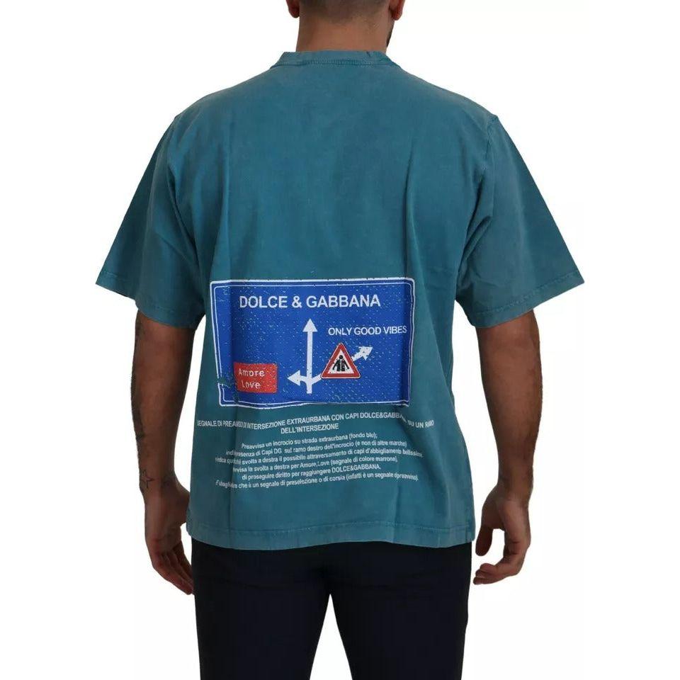 Dolce & Gabbana Blue Logo Print Crewneck Tee Cotton T-shirt Dolce & Gabbana Dark Slate Gray