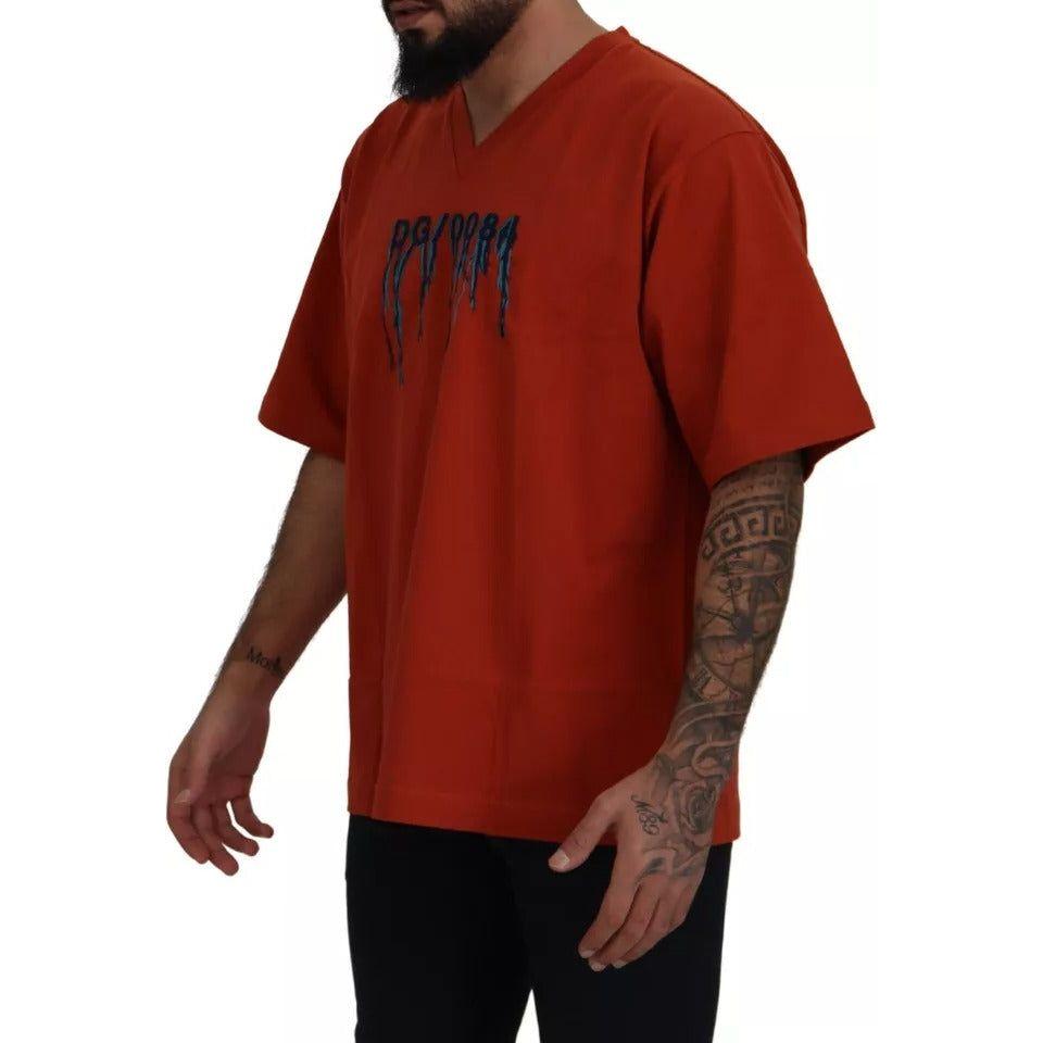 Dolce & Gabbana Red Logo Embroidery Crewneck Cotton T-shirt Dolce & Gabbana Saddle Brown