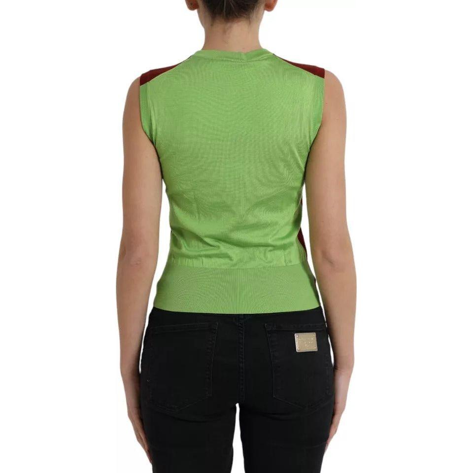 Dolce & Gabbana Red Green Silk DG Logo Sleeveless Tank Top Dolce & Gabbana Dark Khaki