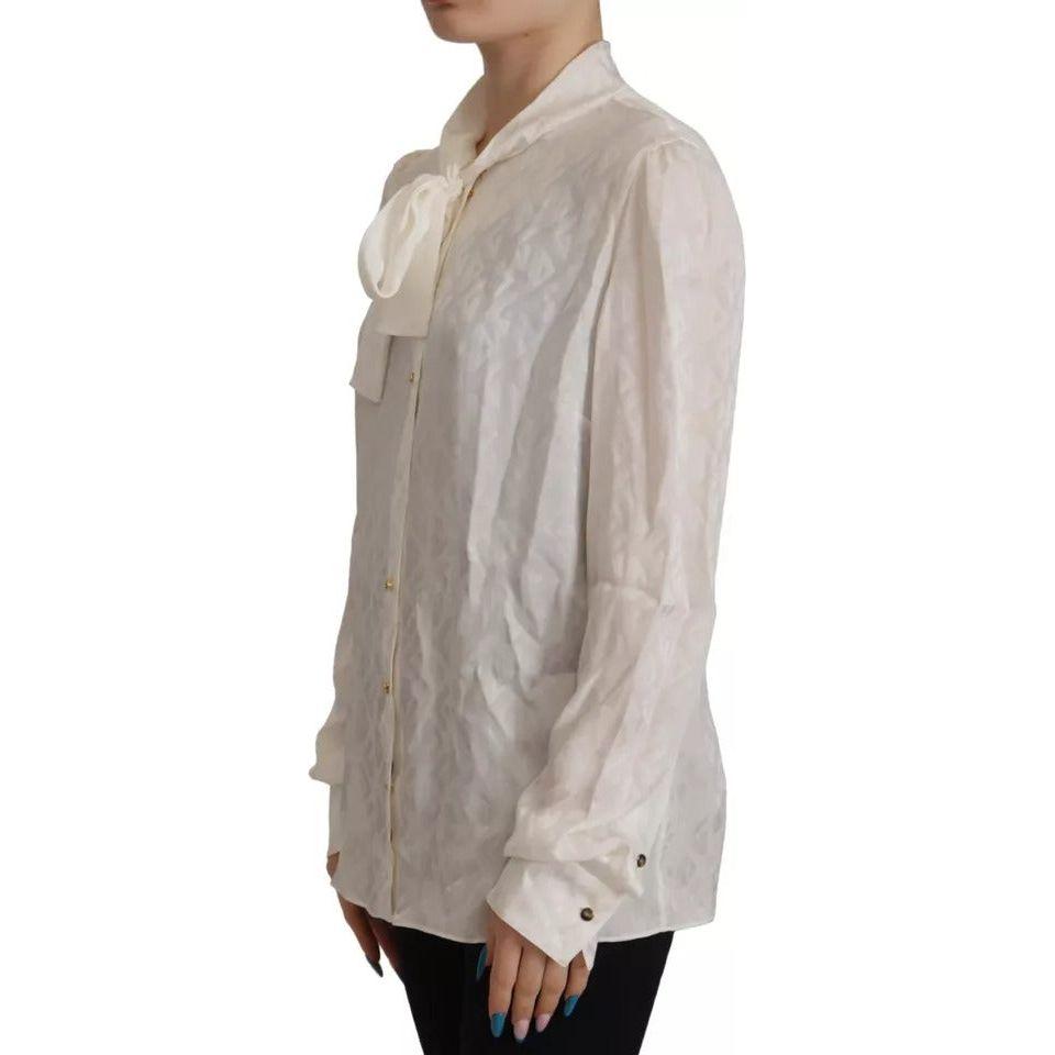 Dolce & Gabbana White Patterned Silk Ascot Collar Blouse Top Dolce & Gabbana Dark Gray