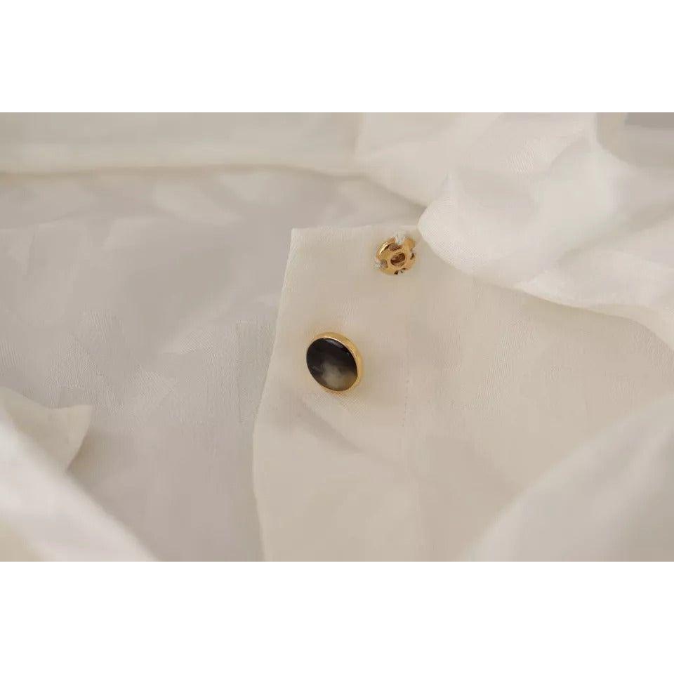 Dolce & Gabbana White Patterned Silk Ascot Collar Blouse Top Dolce & Gabbana Gray