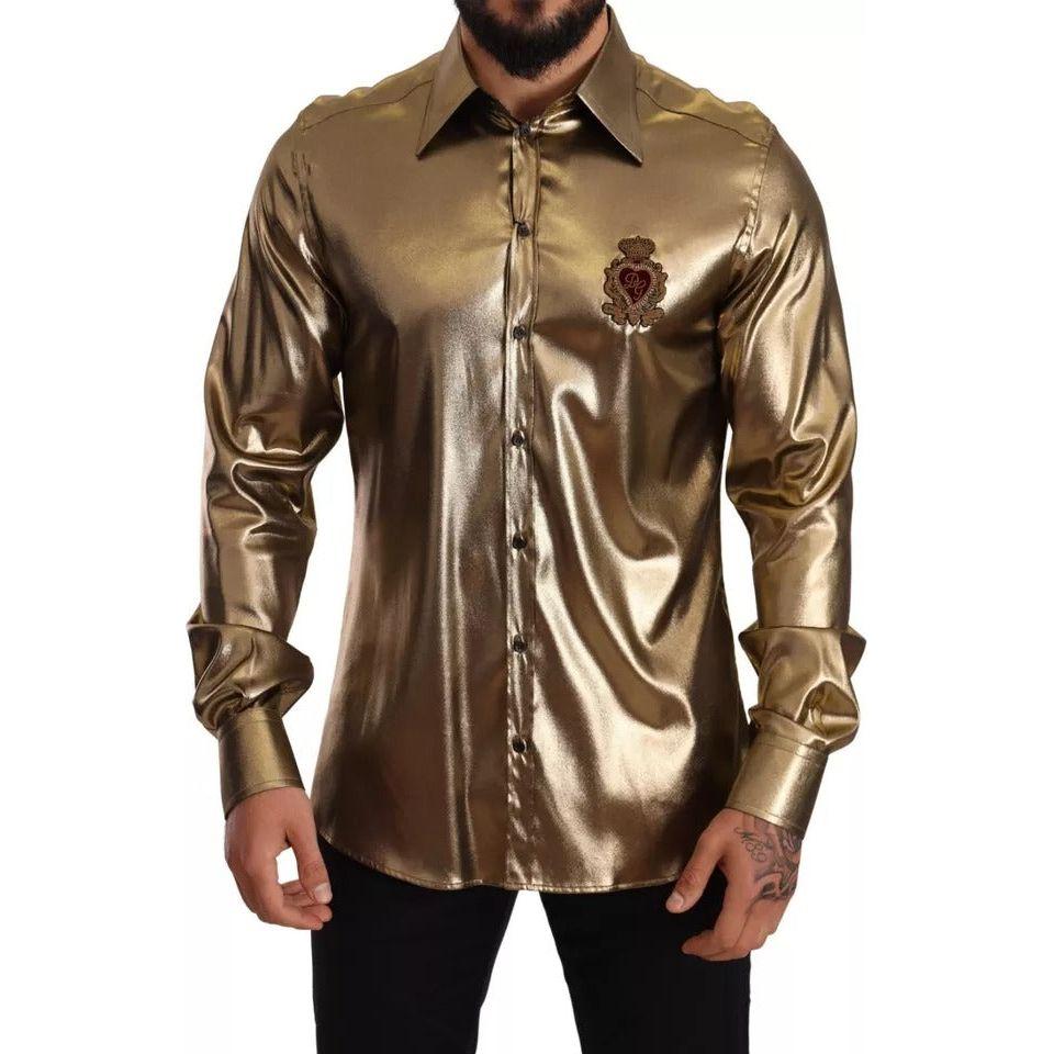 Dolce & Gabbana Metallic Gold DG Embroidered Crown Silk Top Shirt Dolce & Gabbana Dark Olive Green